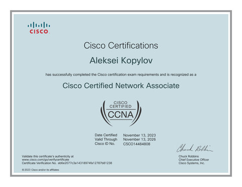 Cisco CCNA certificate — Aleksey Kopylov